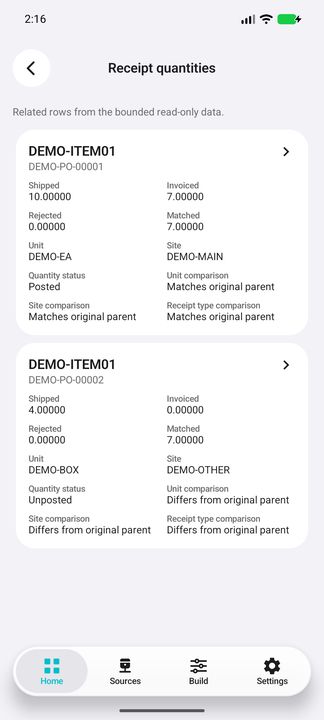 Two individual quantity records for the same item, with separate purchase references, units, sites and statuses. — Native Cifru DEMO, entirely fictional; not a real ERP test.