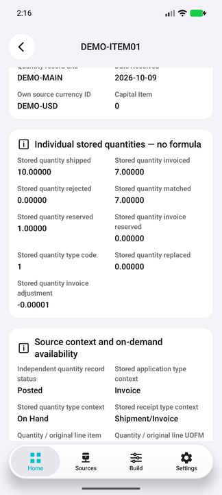 Stored shipped, invoiced, rejected, matched, reserved and adjustment quantities; no inferred remaining balance. — Native Cifru DEMO, entirely fictional; not a real ERP test.