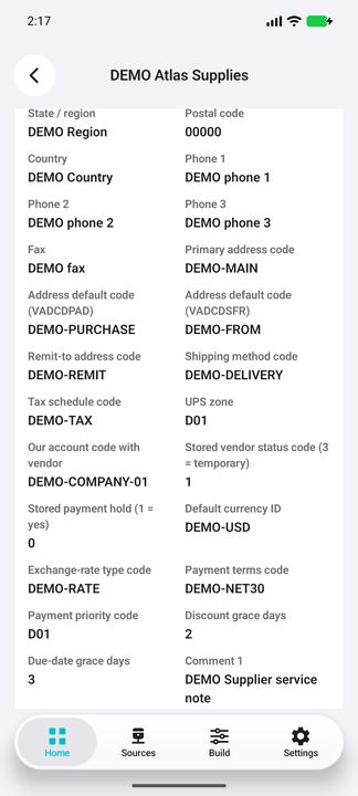 Current vendor contact, delivery, payment-term and commercial defaults. — Native Cifru DEMO, entirely fictional; not a real ERP test.