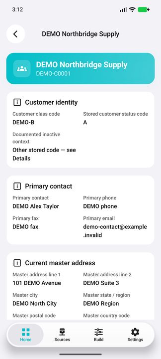 Customer Details: business identity, original stored status, primary contact and the current master address; continued on the next image. — Native Cifru DEMO, entirely fictional; not a real ERP test.