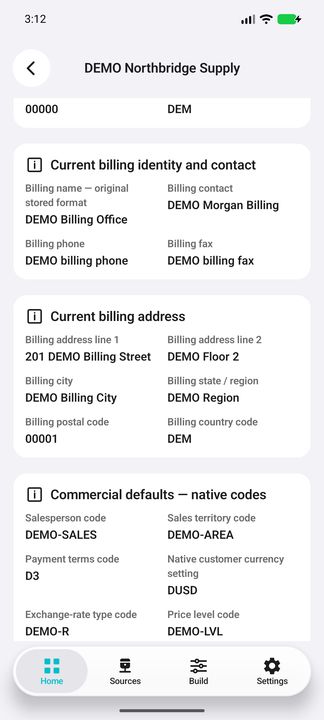Billing address and native commercial defaults: salesperson, territory, payment terms, currency setting, rate type and price level. — Native Cifru DEMO, entirely fictional; not a real ERP test.