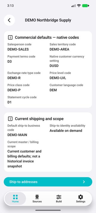 Commercial codes, default ship-to and clear current-master scope: not a historical invoice snapshot. Real Ship-to addresses button. — Native Cifru DEMO, entirely fictional; not a real ERP test.