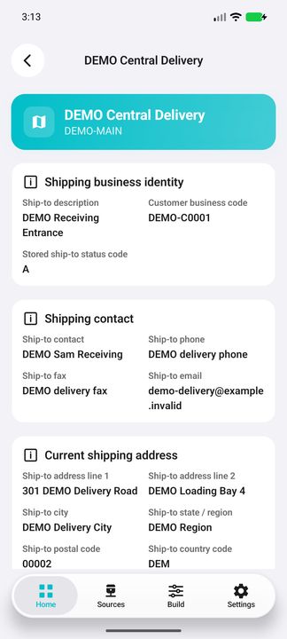 Ship-to Details: location/customer business identity, native status, own contact, phone, fax, email and current delivery address. — Native Cifru DEMO, entirely fictional; not a real ERP test.