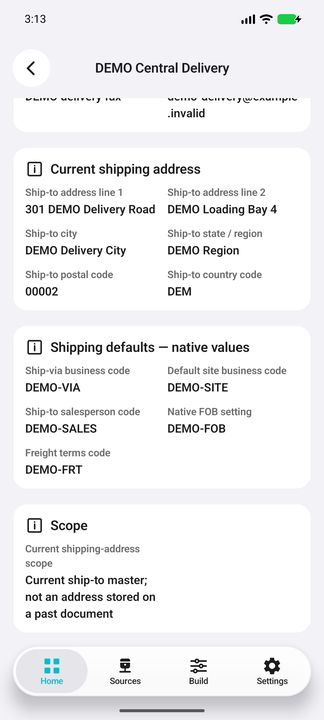 Native ship-via, site, salesperson, FOB and freight terms. Explicit scope: current ship-to master, not an address on a past document. — Native Cifru DEMO, entirely fictional; not a real ERP test.