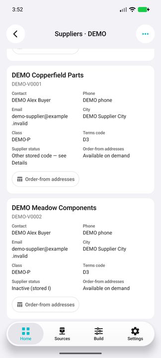 Complete supplier cards: contact, class, terms, stored-status context and order-from availability — Native Cifru DEMO, entirely fictional; not a real ERP test.
