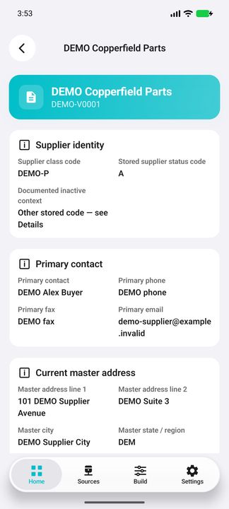 Supplier Details: business identity, raw status, primary contact and current master address — Native Cifru DEMO, entirely fictional; not a real ERP test.