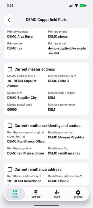 Supplier Details continuation: complete master address and separate remittance name/contact — Native Cifru DEMO, entirely fictional; not a real ERP test.