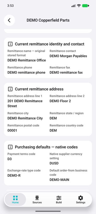 Supplier Details continuation: distinct remittance address and native purchasing defaults — Native Cifru DEMO, entirely fictional; not a real ERP test.