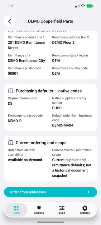 Supplier Details continuation: current-record scope, order-from availability and actual related button — Native Cifru DEMO, entirely fictional; not a real ERP test.