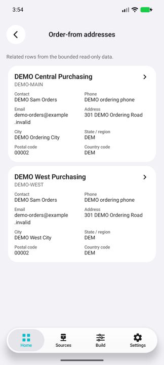 Actual populated Order-from addresses button: two complete supplier-bound purchasing-location cards — Native Cifru DEMO, entirely fictional; not a real ERP test.