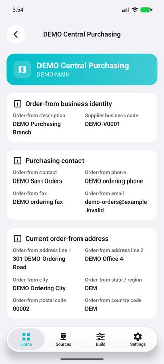 Order-from Details: actual supplier/code, description, purchasing contact and complete current address — Native Cifru DEMO, entirely fictional; not a real ERP test.