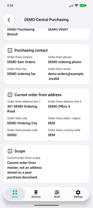 Order-from Details continuation: full current address and explicit nonhistorical purchase-document scope — Native Cifru DEMO, entirely fictional; not a real ERP test.