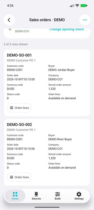 Complete sales-order cards: buyer, date, company, currency, stored amount, status code and Order lines button — Native Cifru DEMO, entirely fictional; not a real ERP test.