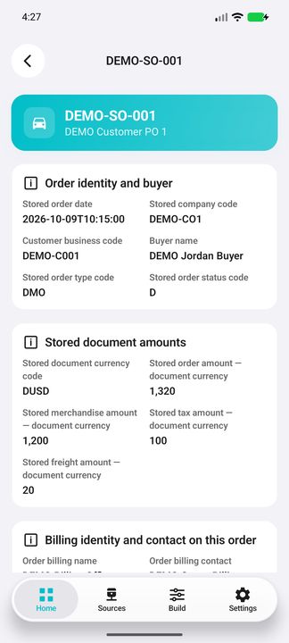 Order Details: buyer and business identity, native codes and separate stored document-currency amounts — Native Cifru DEMO, entirely fictional; not a real ERP test.