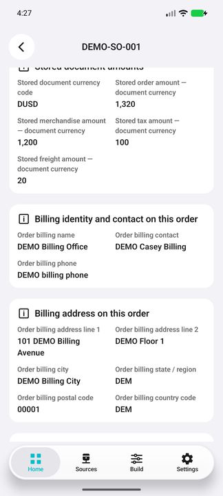 Order Details continuation: original billing name, contact, phone and complete billing address — Native Cifru DEMO, entirely fictional; not a real ERP test.