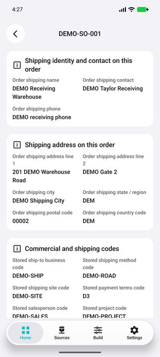 Order Details continuation: separate original shipping contact/address and native commercial codes — Native Cifru DEMO, entirely fictional; not a real ERP test.