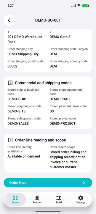 Order Details continuation: commercial/shipping codes, record scope and actual Order lines action — Native Cifru DEMO, entirely fictional; not a real ERP test.