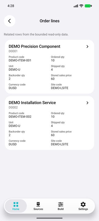 Actual Order lines action: two complete company/order-bound product cards, separate quantities and source price — Native Cifru DEMO, entirely fictional; not a real ERP test.