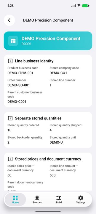 Line Details: product and company/order identity, separate quantities, source unit, stored price and line amount — Native Cifru DEMO, entirely fictional; not a real ERP test.