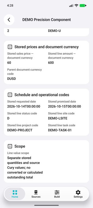 Line Details continuation: source currency, requested/promised dates, project/task codes and explicit value scope — Native Cifru DEMO, entirely fictional; not a real ERP test.