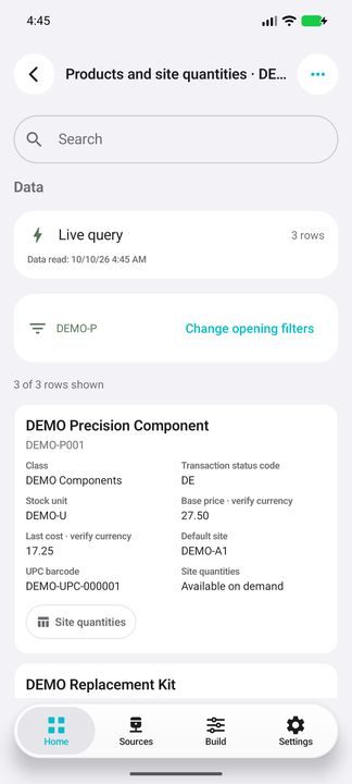 Product list: Search, selected DEMO product class and Change opening filters — Native Cifru DEMO, entirely fictional; not a real ERP test.