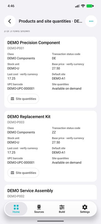 Complete product cards: class, separate status code, unit, native price/cost, default site, barcode and Site quantities button — Native Cifru DEMO, entirely fictional; not a real ERP test.