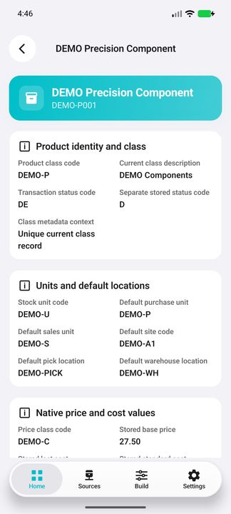 Product Details: class and separate status fields, stock/purchase/sales units and default locations — Native Cifru DEMO, entirely fictional; not a real ERP test.