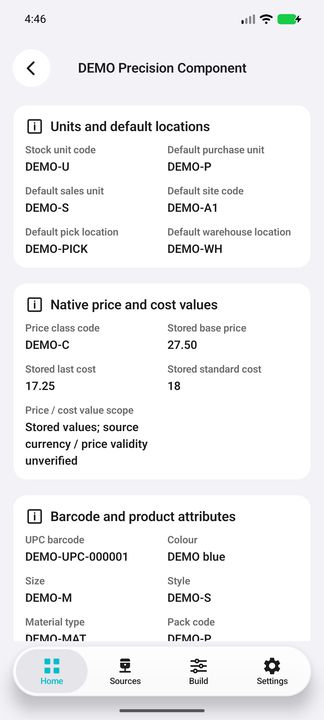Product Details: distinct base price, last and standard costs with unverified currency scope, barcode and attributes — Native Cifru DEMO, entirely fictional; not a real ERP test.