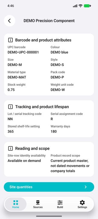 Product Details: attributes, weight unit, tracking codes, shelf life, warranty, reading scope and Site quantities action — Native Cifru DEMO, entirely fictional; not a real ERP test.