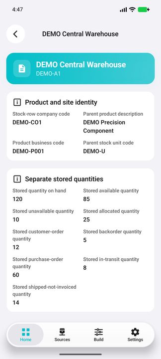 Site Details: original stock-row company, bound product/unit and all nine separate stored quantities — Native Cifru DEMO, entirely fictional; not a real ERP test.