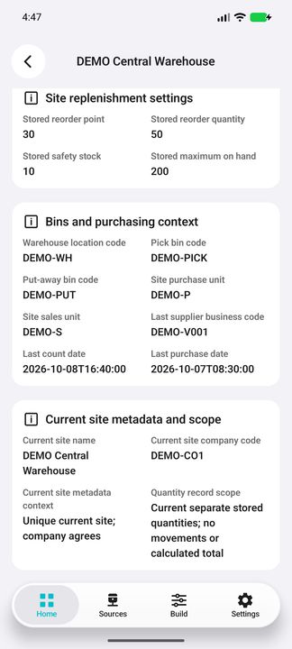 Site Details: replenishment, bins, purchase/sales units, last supplier/dates and separate current site metadata — Native Cifru DEMO, entirely fictional; not a real ERP test.