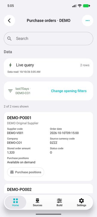 Search and date/company selection; complete order card with original supplier, source currency, amount and Purchase positions button — Native Cifru DEMO, entirely fictional; not a real ERP test.