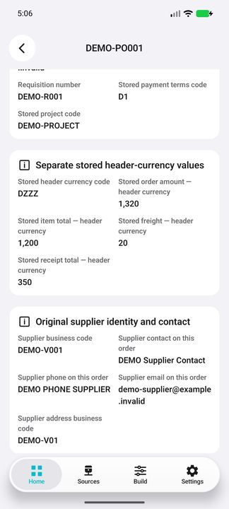 Order Details: separate header-currency amounts and original supplier contact, phone, email and address business code — Native Cifru DEMO, entirely fictional; not a real ERP test.