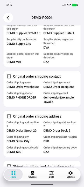 Order Details: original shipping recipient, contact, phone, email and complete order shipping address — Native Cifru DEMO, entirely fictional; not a real ERP test.