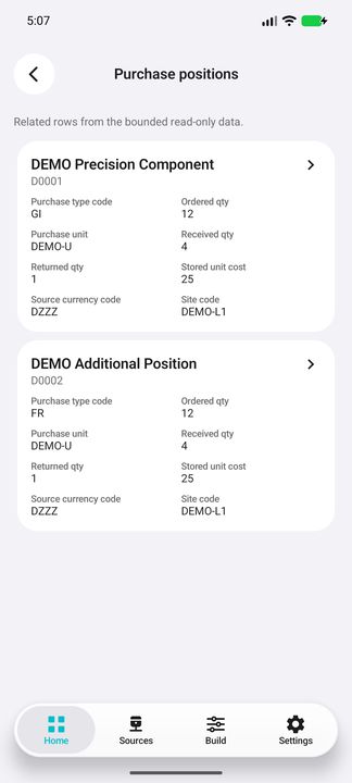 On-demand positions: complete goods and freight cards with separate quantities, purchase unit, original currency/cost and site — Native Cifru DEMO, entirely fictional; not a real ERP test.