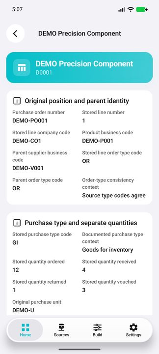Position Details: exact parent order/company/supplier binding, documented purchase type and four separate quantities with original unit — Native Cifru DEMO, entirely fictional; not a real ERP test.