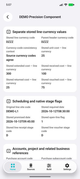 Position Details: all native line-currency cost fields, original site, required/promised dates and separate source stage flags — Native Cifru DEMO, entirely fictional; not a real ERP test.