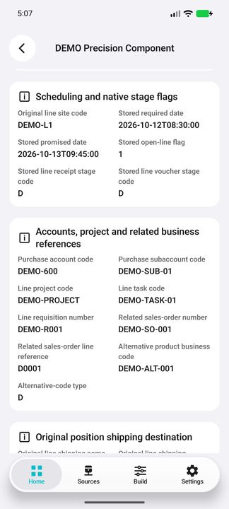 Position Details: account/subaccount, project/task, requisition, related sales-order references and alternative product code — Native Cifru DEMO, entirely fictional; not a real ERP test.