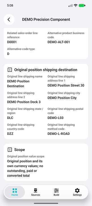 Position Details end: original complete line shipping destination/method and explicit no-outstanding/payment/conversion scope — Native Cifru DEMO, entirely fictional; not a real ERP test.