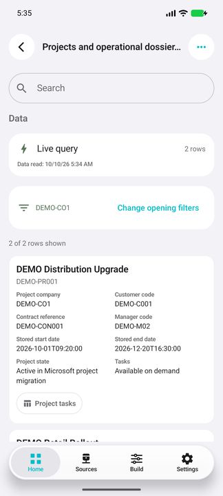 Company opening filter and complete project card, with the Project tasks action. — Native Cifru DEMO, entirely fictional; not a real ERP test.