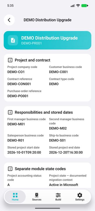 Project Details: company, customer, contract, purchase-order reference, responsible codes and stored dates. — Native Cifru DEMO, entirely fictional; not a real ERP test.
