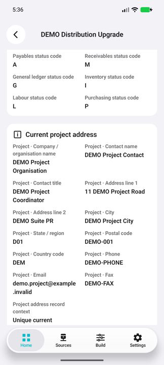 Project address: organisation, contact, full postal fields, phone, email and fax; not the billing address. — Native Cifru DEMO, entirely fictional; not a real ERP test.