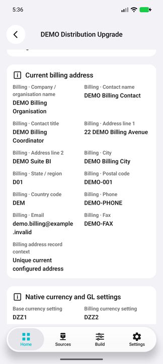 Distinct billing address: complete postal and contact fields, record context, and separate base/billing currency codes. — Native Cifru DEMO, entirely fictional; not a real ERP test.