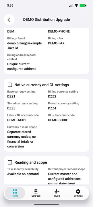 Four separate stored currency codes, labour GL account, subaccount and on-demand task availability; no financial totals. — Native Cifru DEMO, entirely fictional; not a real ERP test.