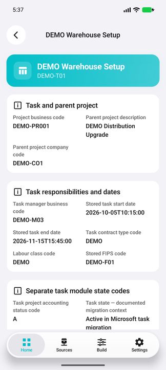 Task Details: exact parent project/company, task manager, stored dates, contract type, labour class and FIPS code. — Native Cifru DEMO, entirely fictional; not a real ERP test.