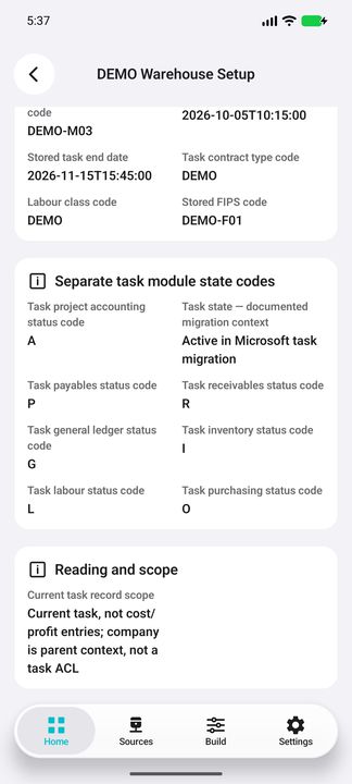 End of task Details: separate module codes and explicit current-task scope, not project cost or profit entries. — Native Cifru DEMO, entirely fictional; not a real ERP test.