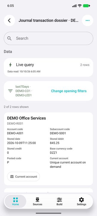 Period/company/ledger selection and complete journal card with its current-account action — Native Cifru DEMO, entirely fictional; not a real ERP test.