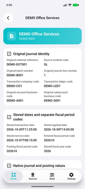 Original journal identity, separate company/ledger/account and stored date/period context — Native Cifru DEMO, entirely fictional; not a real ERP test.