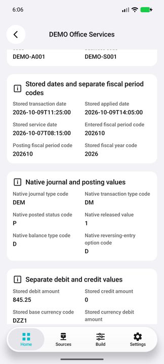 Original stored dates and native journal, transaction, posting and reversal values — Native Cifru DEMO, entirely fictional; not a real ERP test.