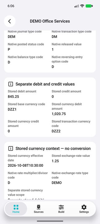 Separate original debit/credit, base and transaction currency codes and stored rate context — Native Cifru DEMO, entirely fictional; not a real ERP test.